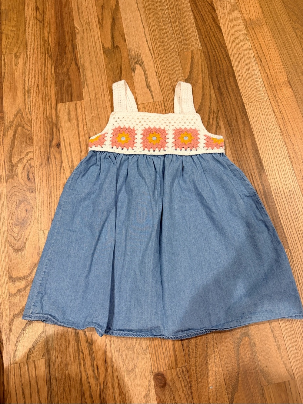 Kensie Girl toddler girl chambray dress with crochet granny square flowers